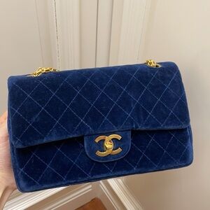Vintage Chanel Navy Blue Quilted Velvet velour classic flap Bag small